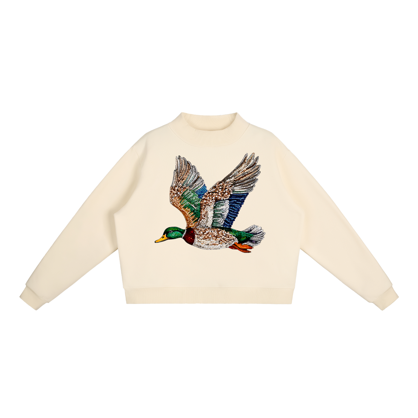 BEDAZZLED DUCK FLEECE MOCK-NECK CREW SWEATSHIRT