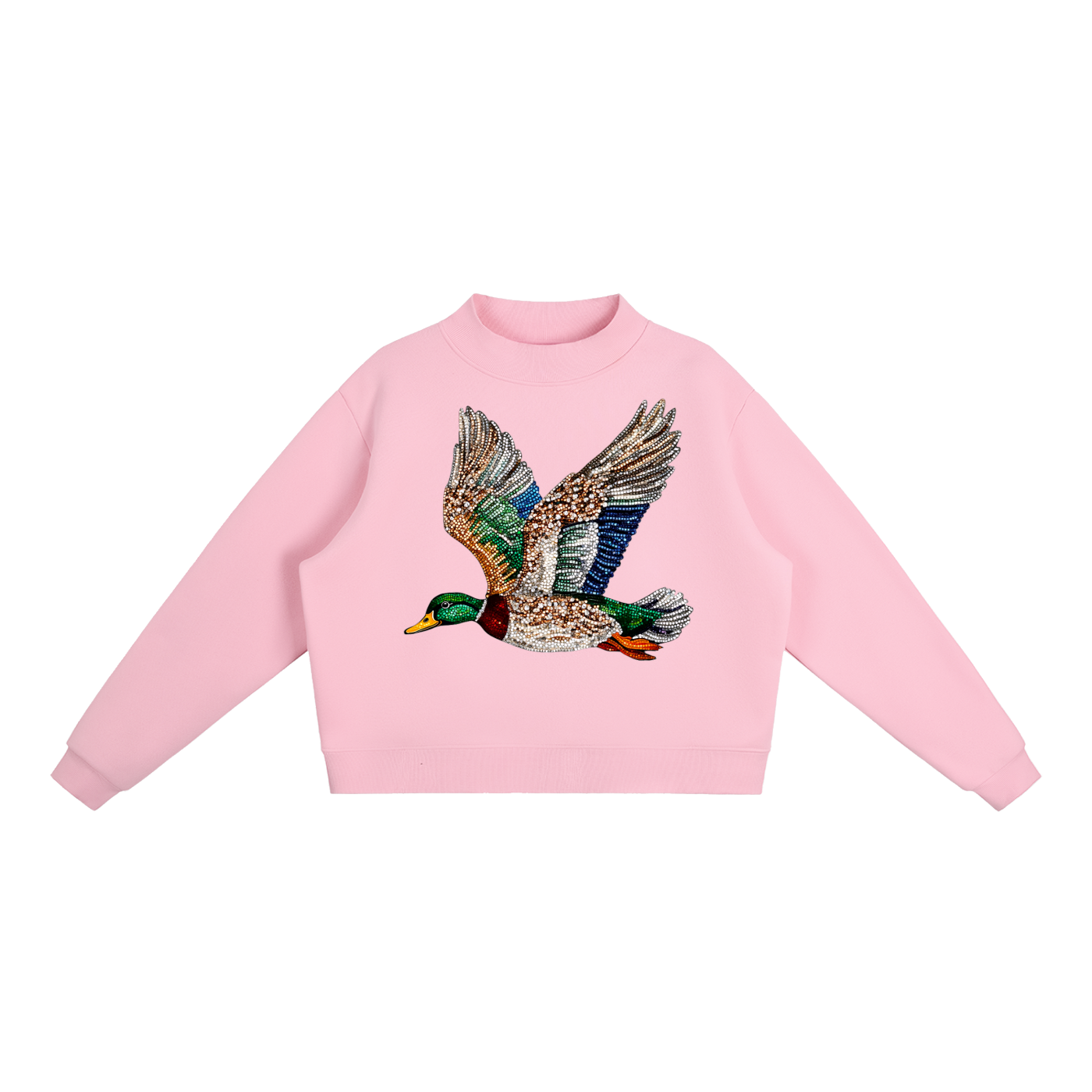 BEDAZZLED DUCK FLEECE MOCK-NECK CREW SWEATSHIRT