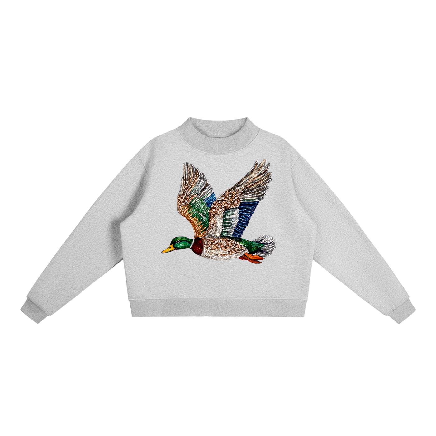 BEDAZZLED DUCK FLEECE MOCK-NECK CREW SWEATSHIRT