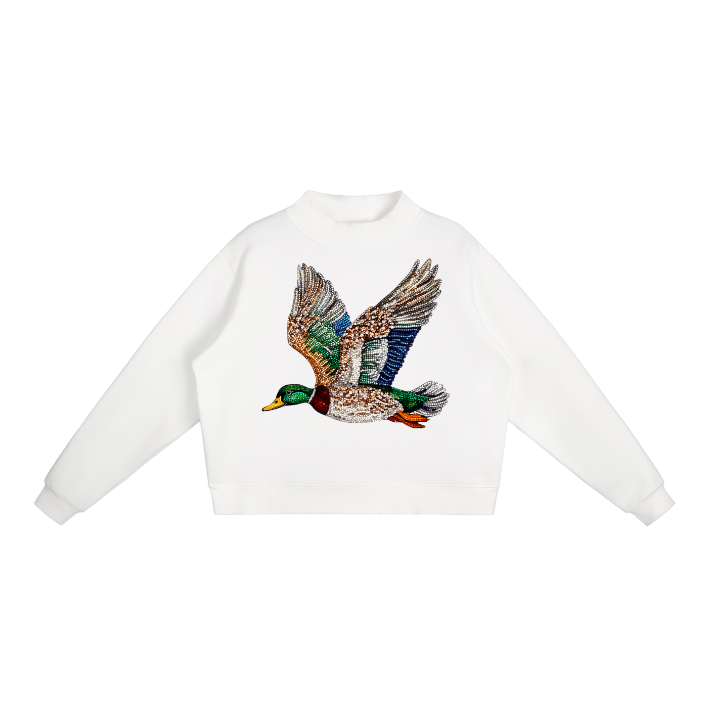 BEDAZZLED DUCK FLEECE MOCK-NECK CREW SWEATSHIRT