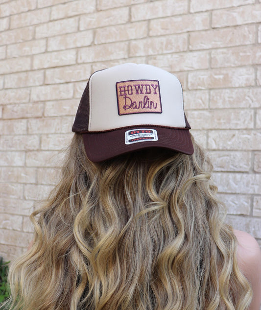 Howdy Darlin' Embroidered Patch Trucker Hat, Brown Tan Cap