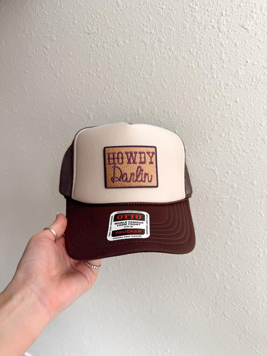 Howdy Darlin' Embroidered Patch Trucker Hat, Brown Tan Cap
