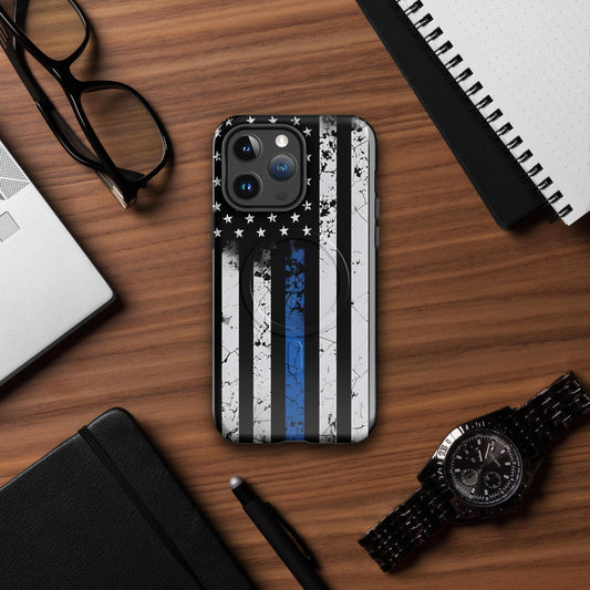 Distressed American Flag With Blue Line MagSafe® tough case for iPhone®, The Thin Blue Line flag, Western Phone Case